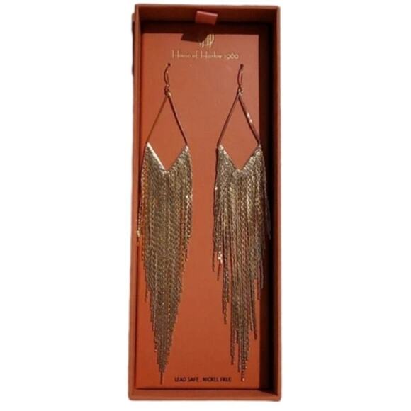 House of Harlow 1960 Gold Fringe chain waterfall‎ liquid gold Earrings 6 inches - Picture 3 of 6